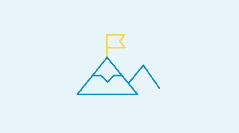 Icon mit blauem Berg und gelber Flagge auf der Spitze auf hellblauem Hintergrund, symbolisiert Ziel und Erfolg