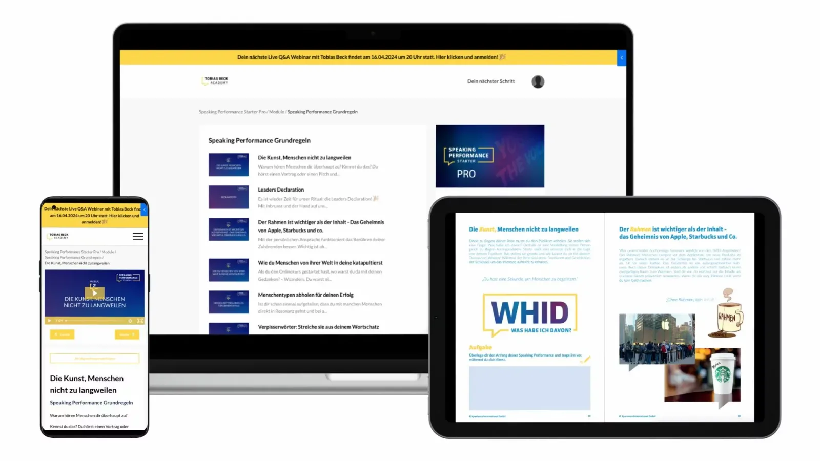 Responsive Mockup des Speaking Performance Starter Pro Kurses mit Modul 2 Grundregeln auf Desktop, Tablet und Smartphone