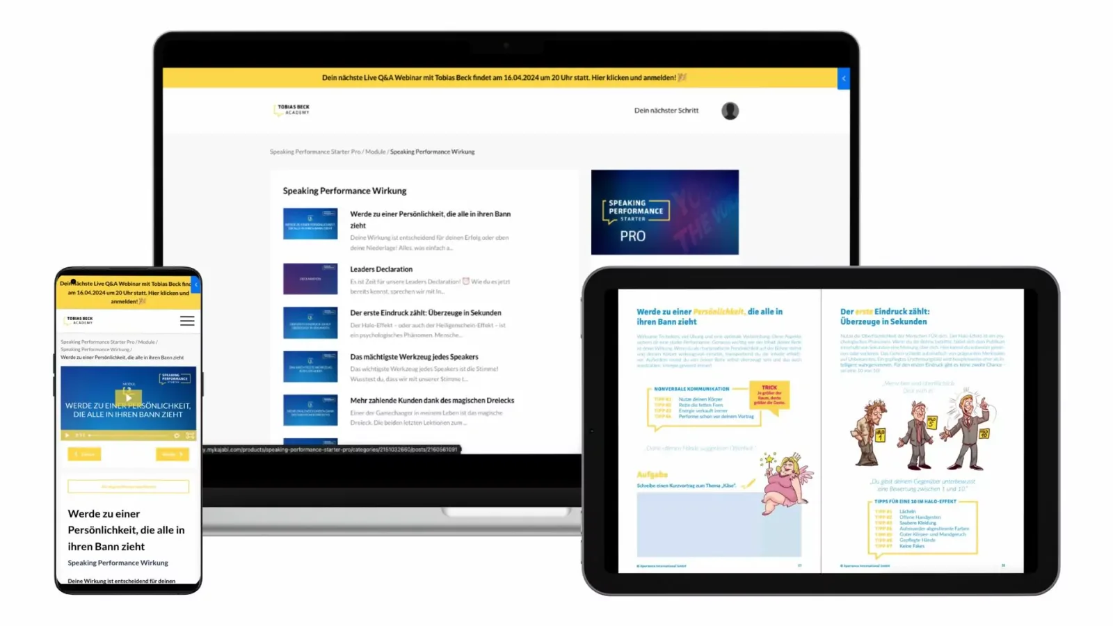 Responsive Mockup des Speaking Performance Starter Pro Kurses mit Modul 3 Wirkung auf Desktop, Tablet und Smartphone