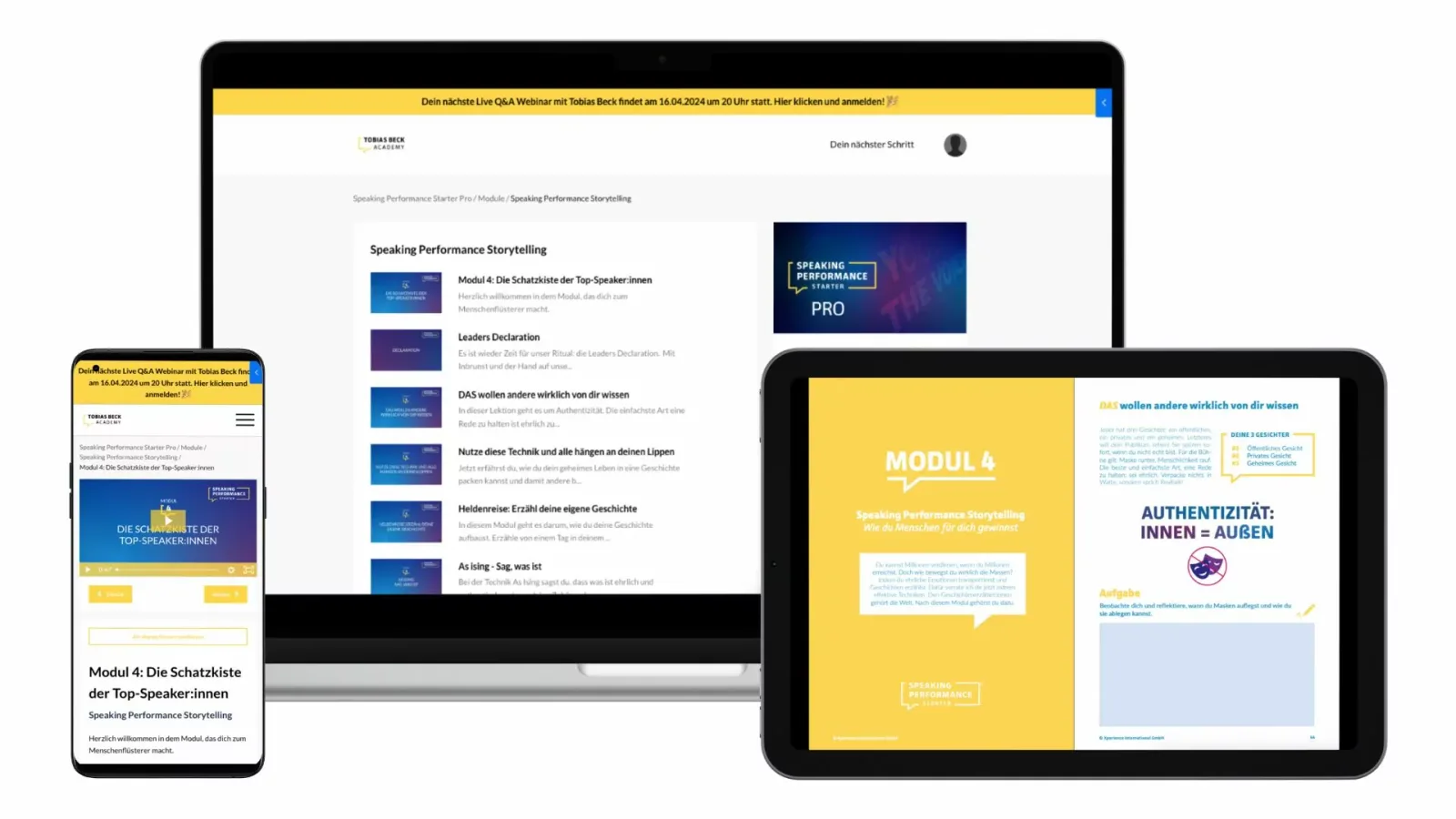 Responsive Mockup des Speaking Performance Starter Pro Kurses mit Modul 4 Storytelling auf Desktop, Tablet und Smartphone