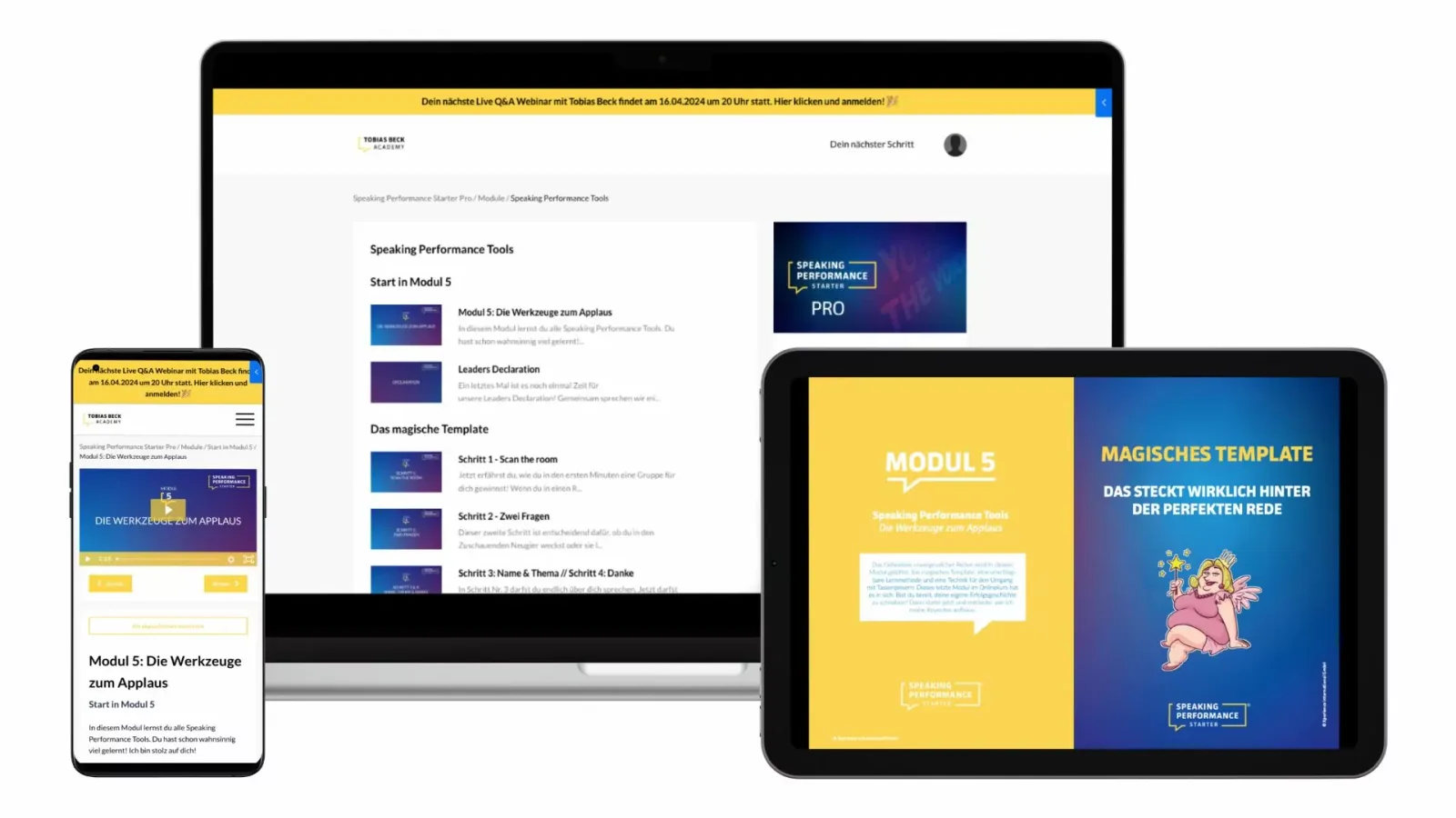Responsive Mockup des Speaking Performance Starter Pro Kurses mit Modul 5 Tools auf Desktop, Tablet und Smartphone