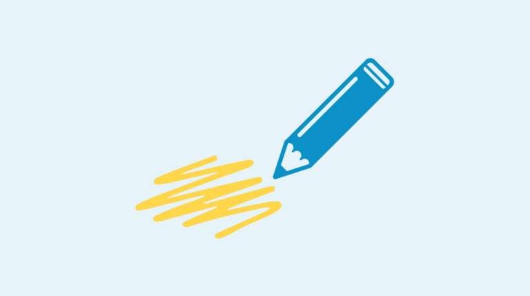 Icon mit blauem Stift und gelben Schreiblinien auf hellblauem Hintergrund