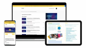 Responsive Mockup des Speaking Performance Starter Pro Kurses auf Desktop, Tablet und Smartphone mit Modul 1 und Kursinhalten