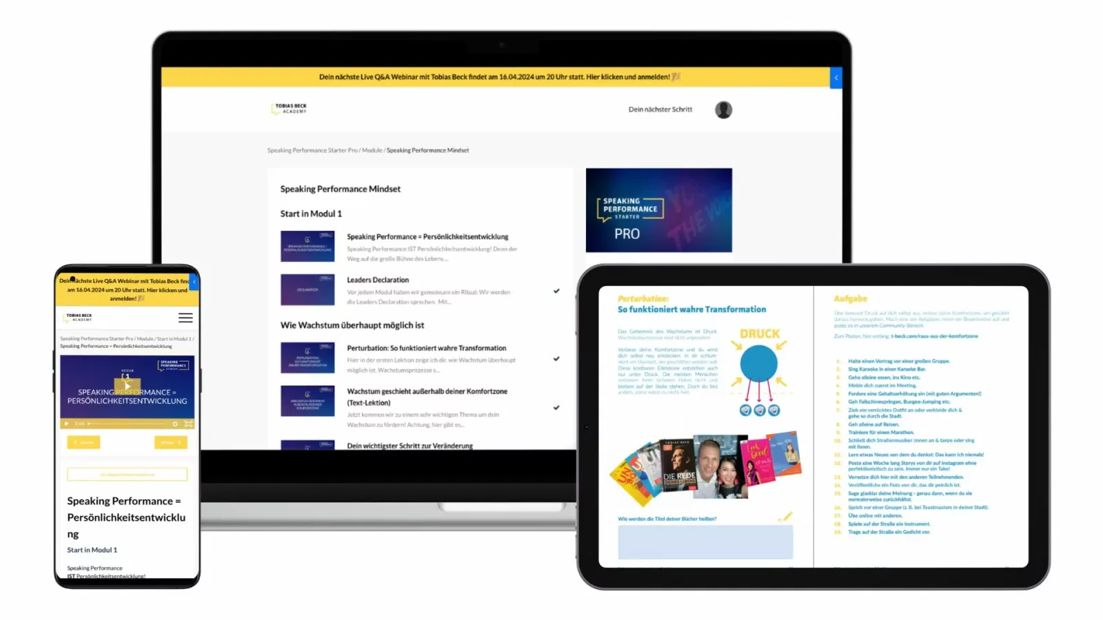 Responsive Mockup des Speaking Performance Starter Pro Kurses auf Desktop, Tablet und Smartphone mit Modul 1 und Kursinhalten