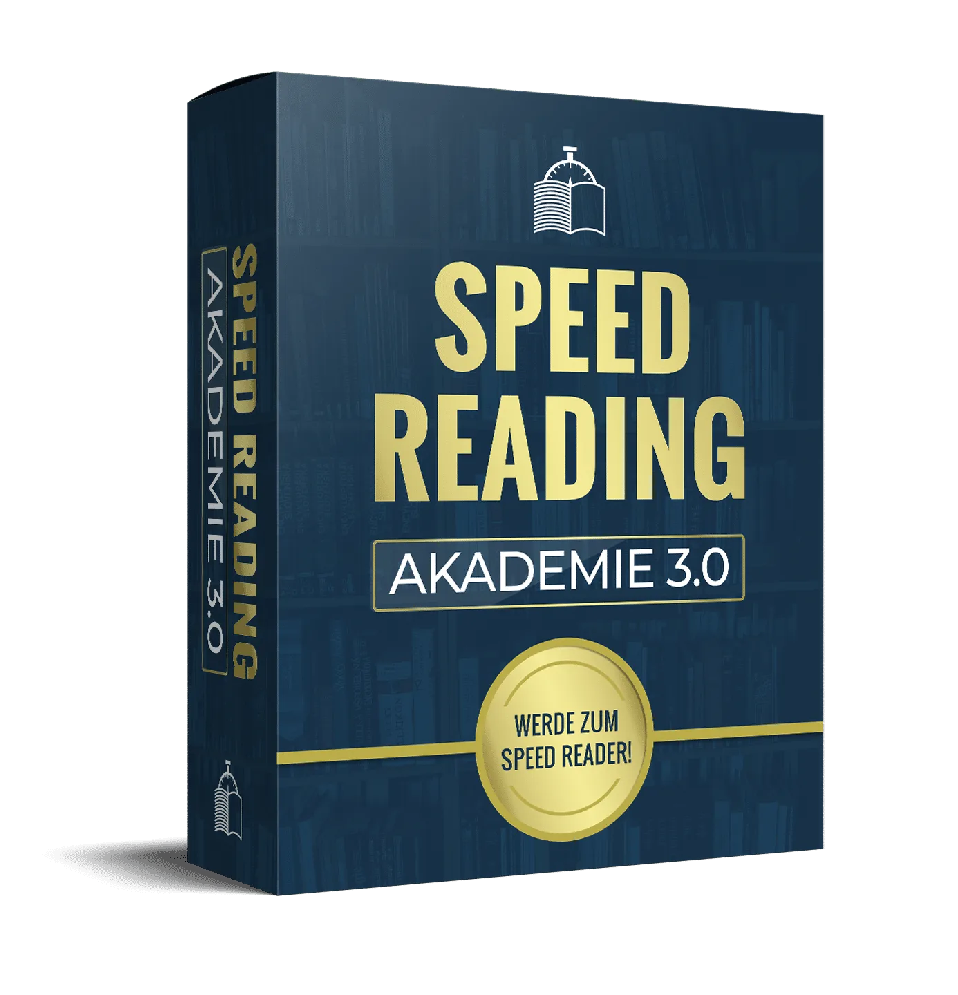 Speed Reading Akademie 3.0 Produktbox mit goldener Schrift und Siegel auf dunkelblauem Hintergrund