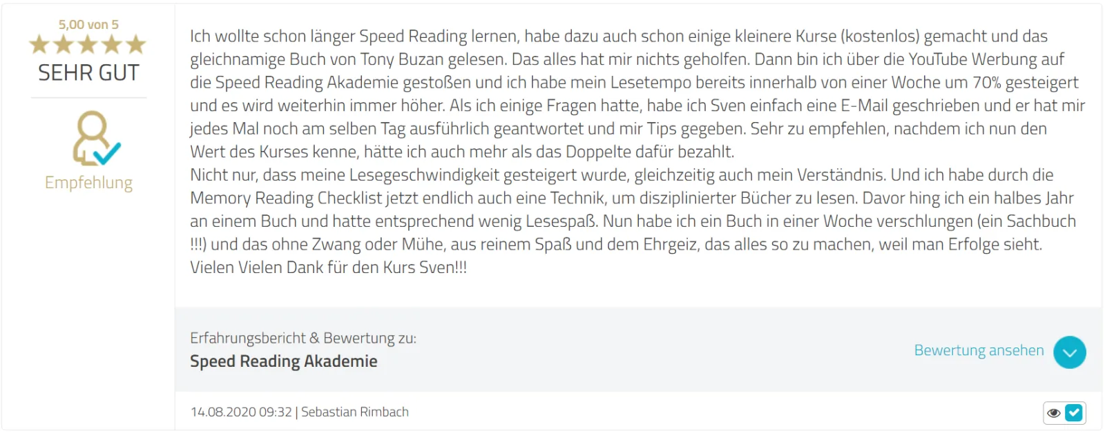 Fünf-Sterne-Bewertung von Sebastian Rimbach zur Speed Reading Akademie mit Erfolgsgeschichte und 70% Lesegeschwindigkeit-Stei