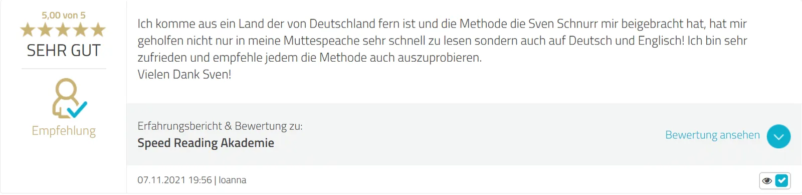 Kundenstimme zur Speed Reading Akademie 3.0