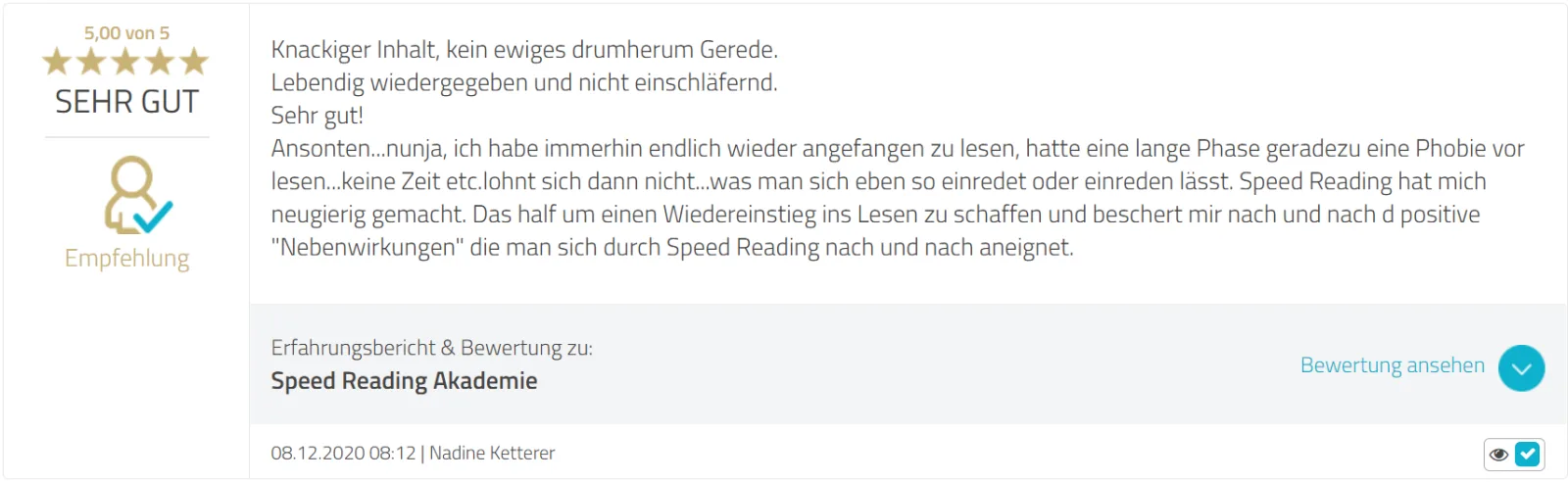 Fünf-Sterne-Bewertung von Nadine Ketterer zur Speed Reading Akademie mit positiver Erfahrung zum Wiedereinstieg ins Lesen