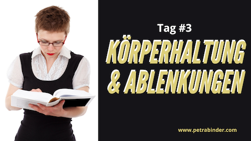 Kurs-Banner Tag 3 mit Junge und Buch, gelbem Text KÖRPERHALTUNG & ABLENKUNGEN