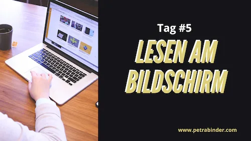 Kurs-Banner Tag 5 mit Laptop und Hand, gelbem Text LESEN AM BILDSCHIRM