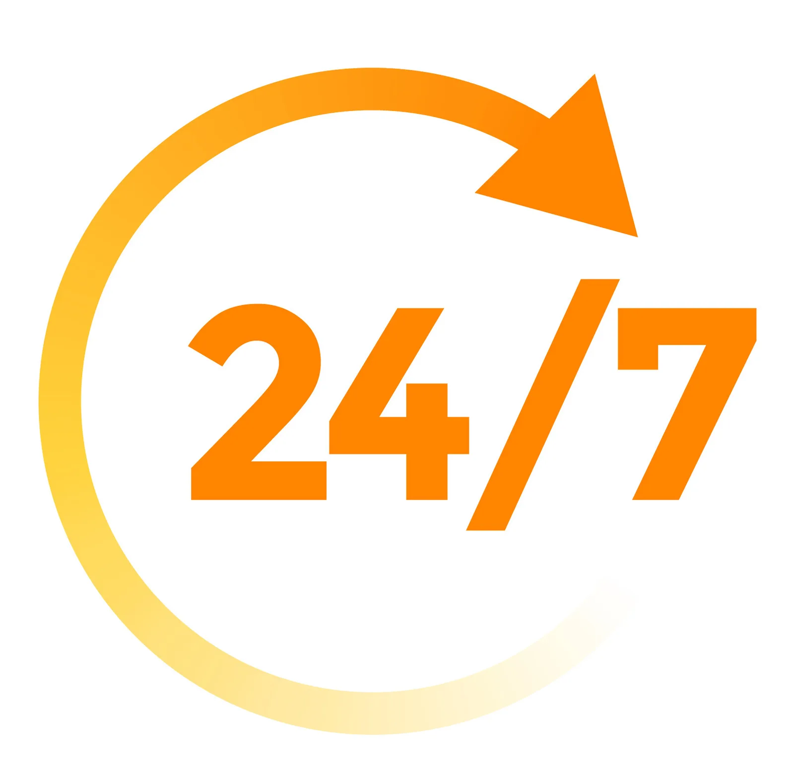 24/7 Icon mit orangem Pfeil und Stundenglasform, rund angeordnet