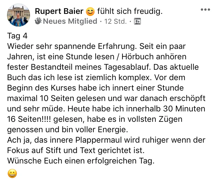LinkedIn-Testimonial von Rupert Baier über Erfolg im Speed-Reading-Kurs Tag 4