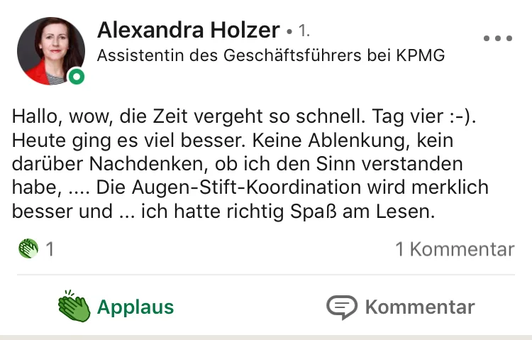 LinkedIn-Testimonial von Alexandra Holzer, Assistentin bei KPMG, über Kursfortschritt