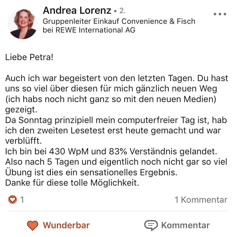 LinkedIn-Testimonial von Andrea Lorenz, Gruppenleitung REWE, 430 WpM, 83% Verständnis