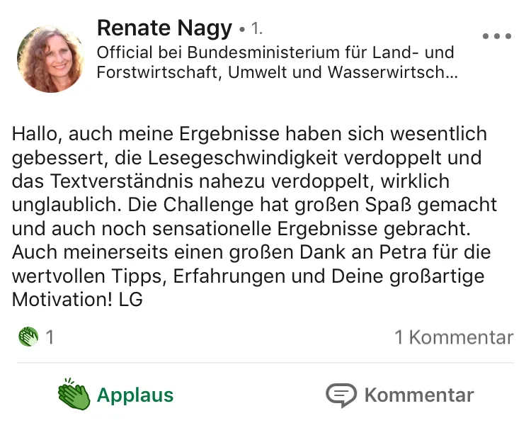 LinkedIn-Testimonial von Renate Nagy, Bundesministerium, über verbesserte Lesefähigkeit und Textverständnis