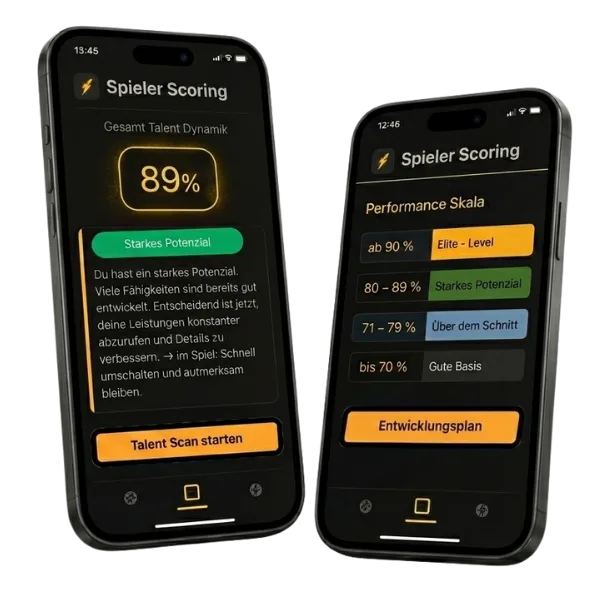 Mockup von zwei Smartphone-Bildschirmen mit Spieler Scoring App und Talent Dynamik-Auswertung
