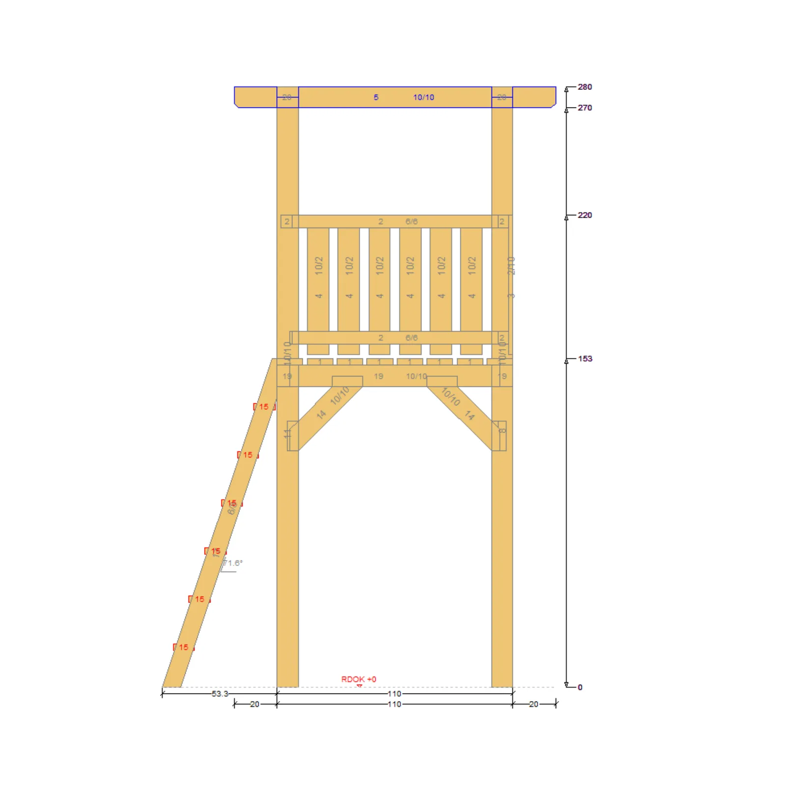 Spielturm 1 Seitenansicht mit Bemaßung, Leiter im 45°-Winkel und Gesamthöhe 324,6 cm