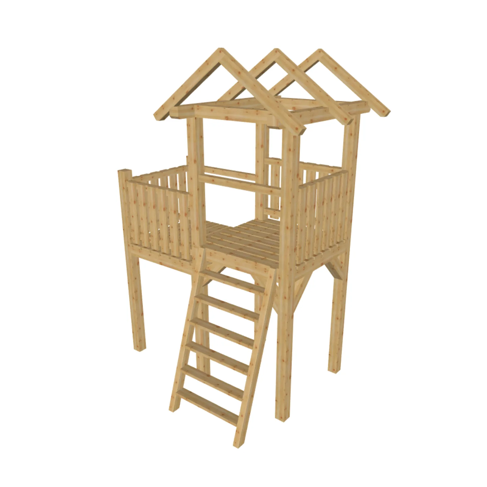 Spielturm 1 3D-Ansicht schräg von vorn, Holzkonstruktion mit Dach und Leiter