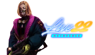 Dämonischer Charakter in violettem Anzug mit blauem Live-88-Metropolis-Logo