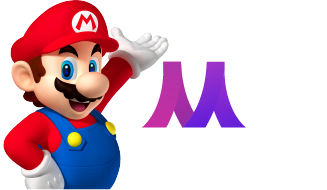 Mario-Charakter in rot-blauem Outfit mit lila M-Logo