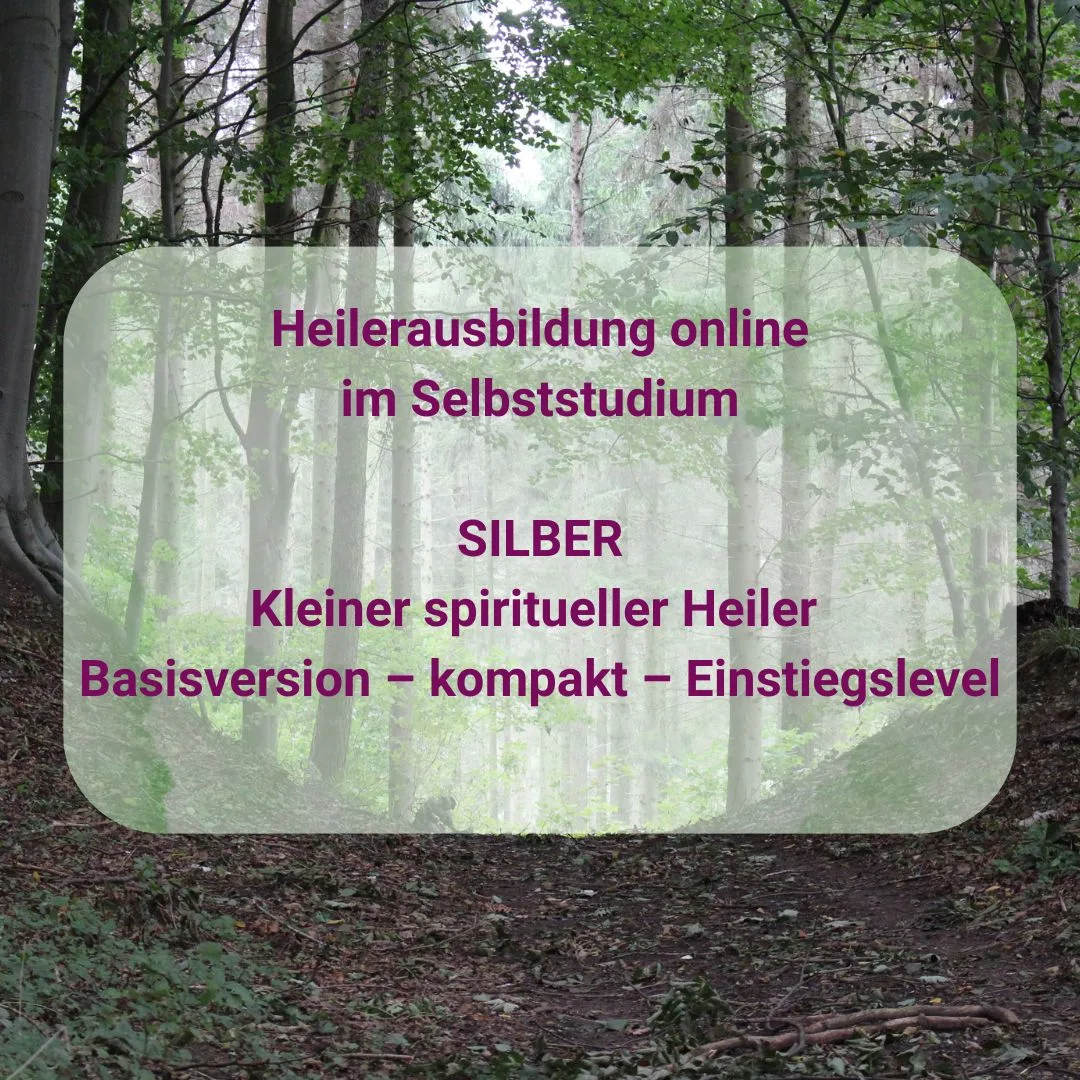 Waldweg mit grünen Bäumen und weißem Overlay-Text zur Heilerausbildung online SILBER