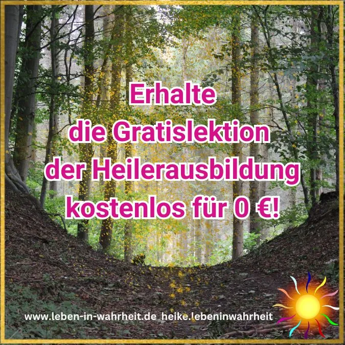 Waldweg mit goldberandetem Rahmen und pinkfarbenem Text zur kostenlosen Lektion