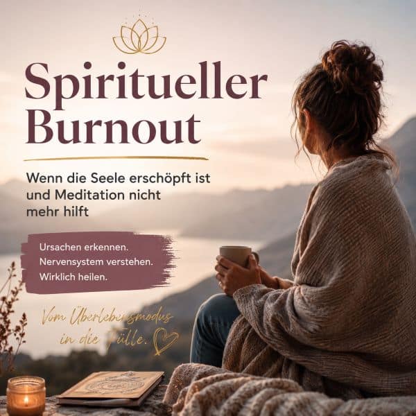 Frau in Wollpullover sitzt am See mit Buch, Lotus-Symbol und Text zu spirituellem Burnout