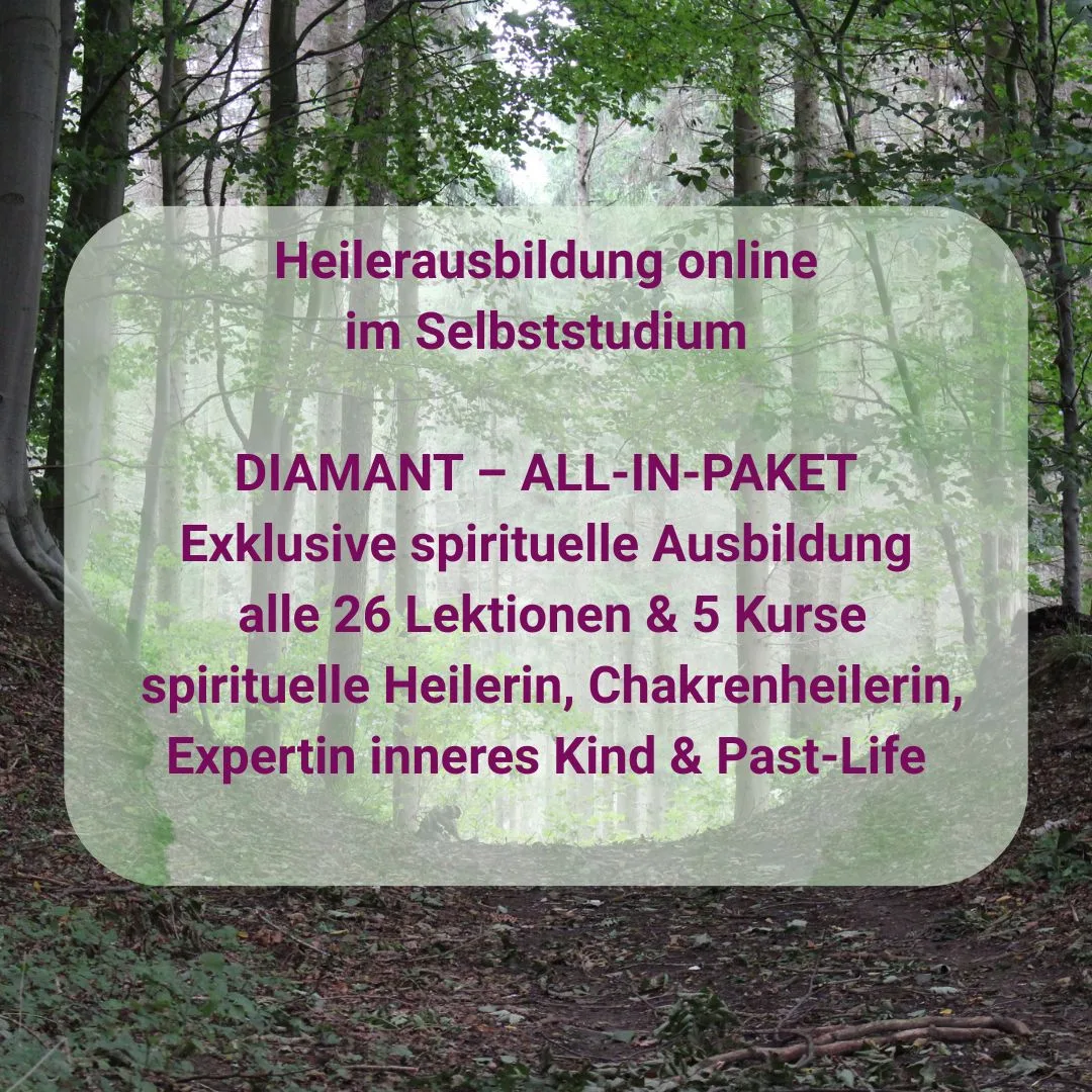 Waldweg mit grünen Bäumen und Overlay-Text zur kompletten Heilerausbildung DIAMANT ALL-IN-PAKET
