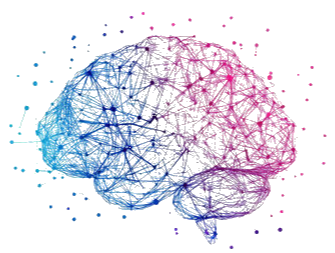 Gehirn in Rosa- und Blautönen mit vernetzten Punkten, Neuroscience Illustration