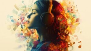 Person mit Kopfhörern und bunten Musiknoten, abstraktes spirituelles Coaching Titelbild
