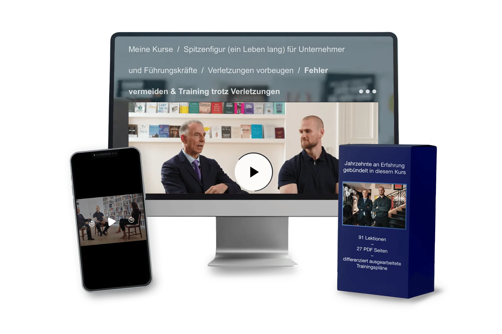 Mockup mit Smartphone, Monitor und Produktbox für Onlinekurs mit Play-Symbol und Videointerview