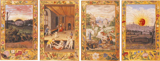 Vier alchemistische Illustrationen aus Splendor Solis mit Landschaften, Innenräumen und Sonnenmotiven