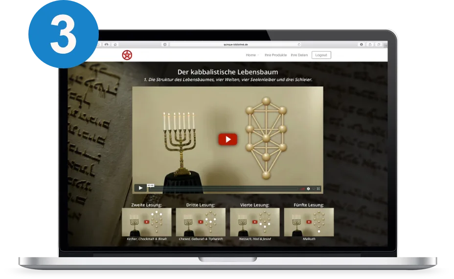 Screenshot mit blauer Nummer 3 zeigt Lernmodule zu Der kabbalistische Lebensbaum mit Video und vier Lektionen