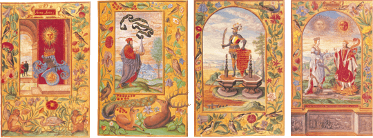 Vier alchemistische Illustrationen aus Splendor Solis mit goldenen Verzierungen und figurativen Szenen