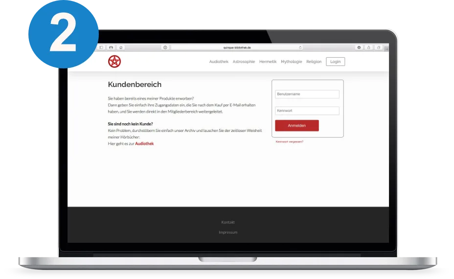Screenshot eines Kundenlogin-Formulars mit blauer Nummer 2, Benutzername- und Passwort-Feldern