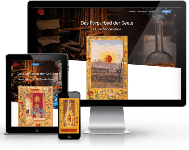 Website-Mockup auf verschiedenen Geräten zeigt Splendor Solis Hörbuch mit alchemistischen Illustrationen und Produktdetails