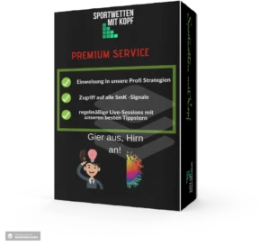 Schwarzes Produktpaket Sportwetten mit Kopf Premium Service mit grünen Checkmarks und buntem Brain-Icon