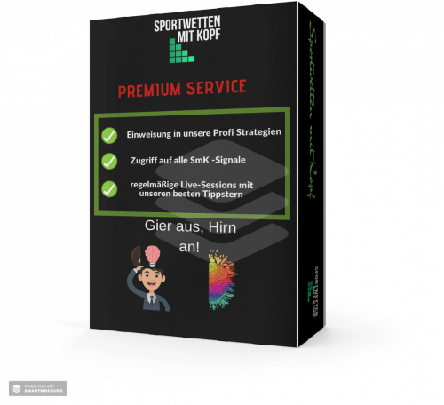 Sportwetten-mit-Kopf – Sportwetten-Mitgliedschaft 1 Schwarzes Produktpaket Sportwetten mit Kopf Premium Service mit grünen Checkmarks und Brain-Icon