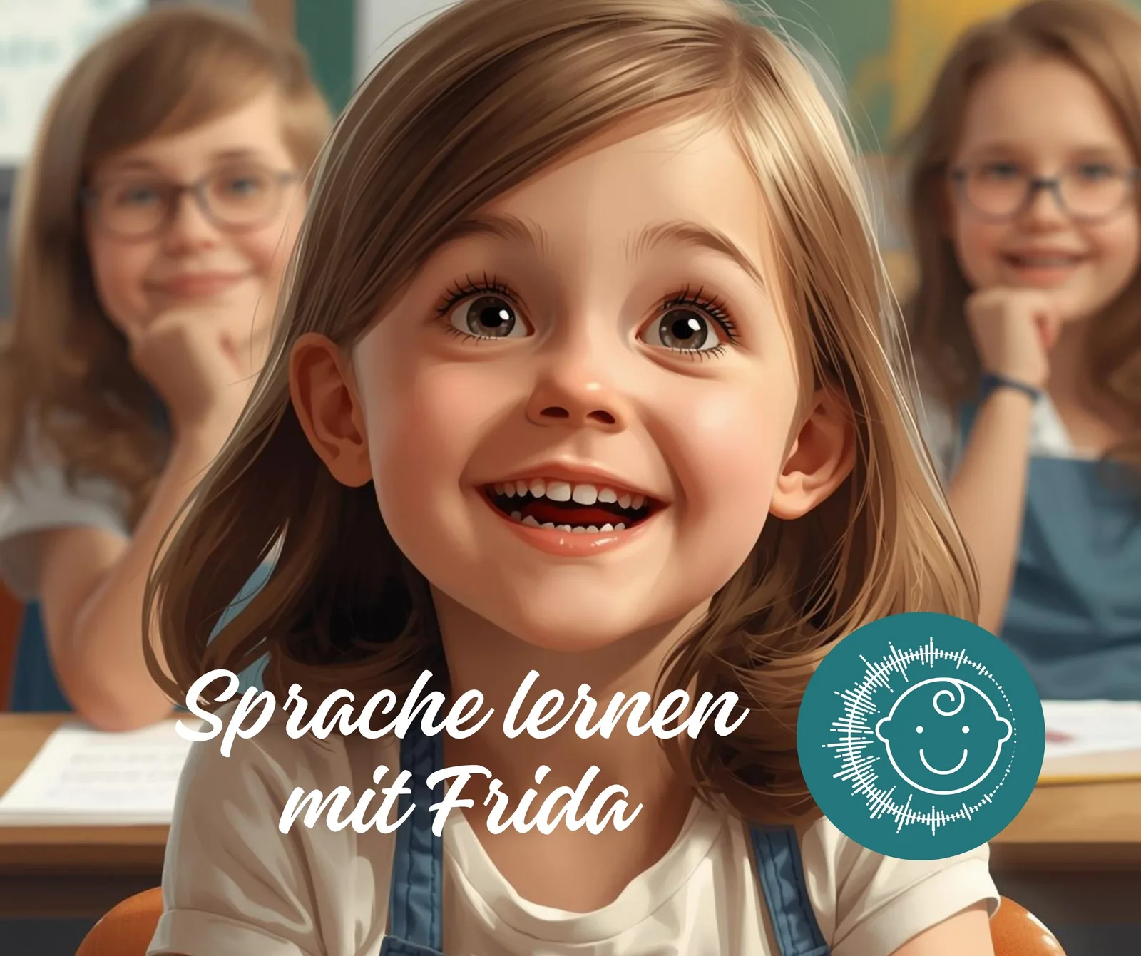 Titelbild Sprache lernen mit Frida: Lächelndes Mädchen mit braunen Haaren im Klassenzimmer, Schriftzug und Frida-Logo mit Sou