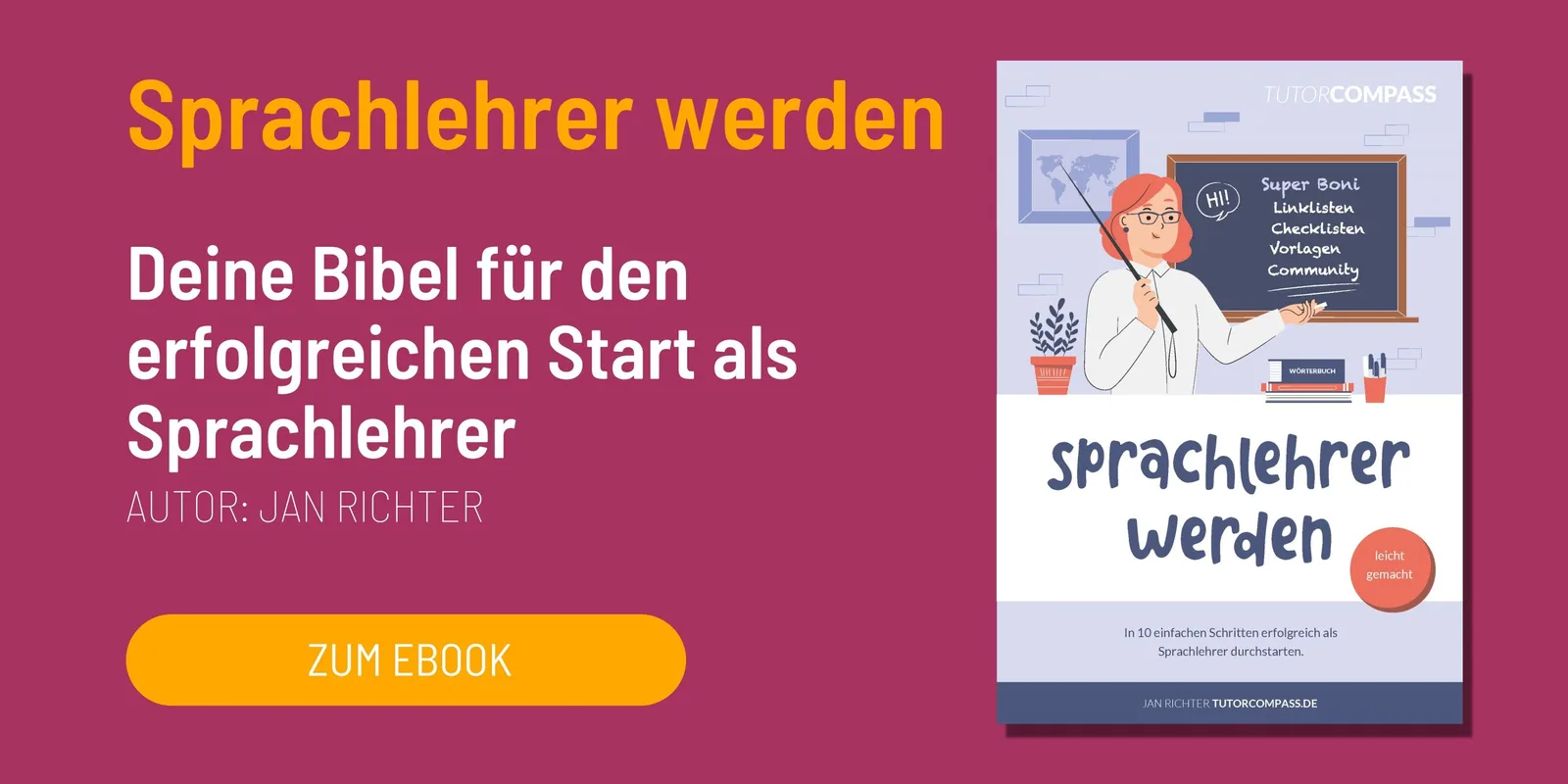 Marketing-Banner Sprachlehrer werden mit Buch-Mockup und Call-to-Action