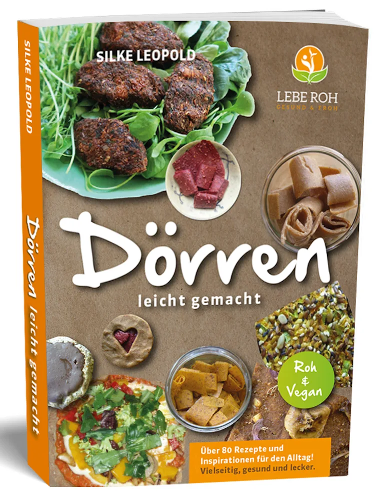 3D-Buchumschlag Dörren leicht gemacht mit Bildern von Köfte, Dörrobst und veganen Rezepten