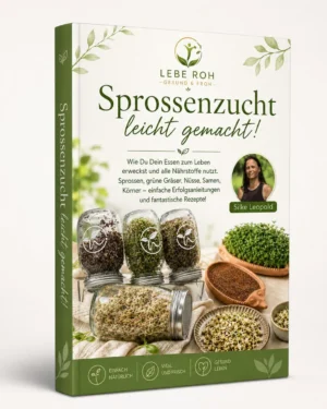 eBook-Mockup Sprossenzucht leicht gemacht mit 3D-Buchdarstellung und Autorenporträt