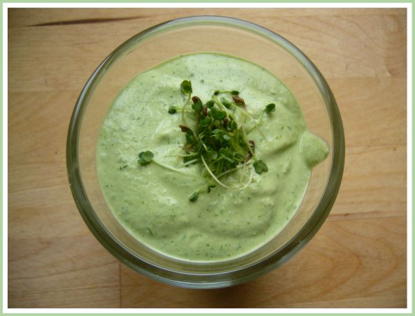 Cashew-Frischkäse grün cremig in Glas mit Sprossen garniert