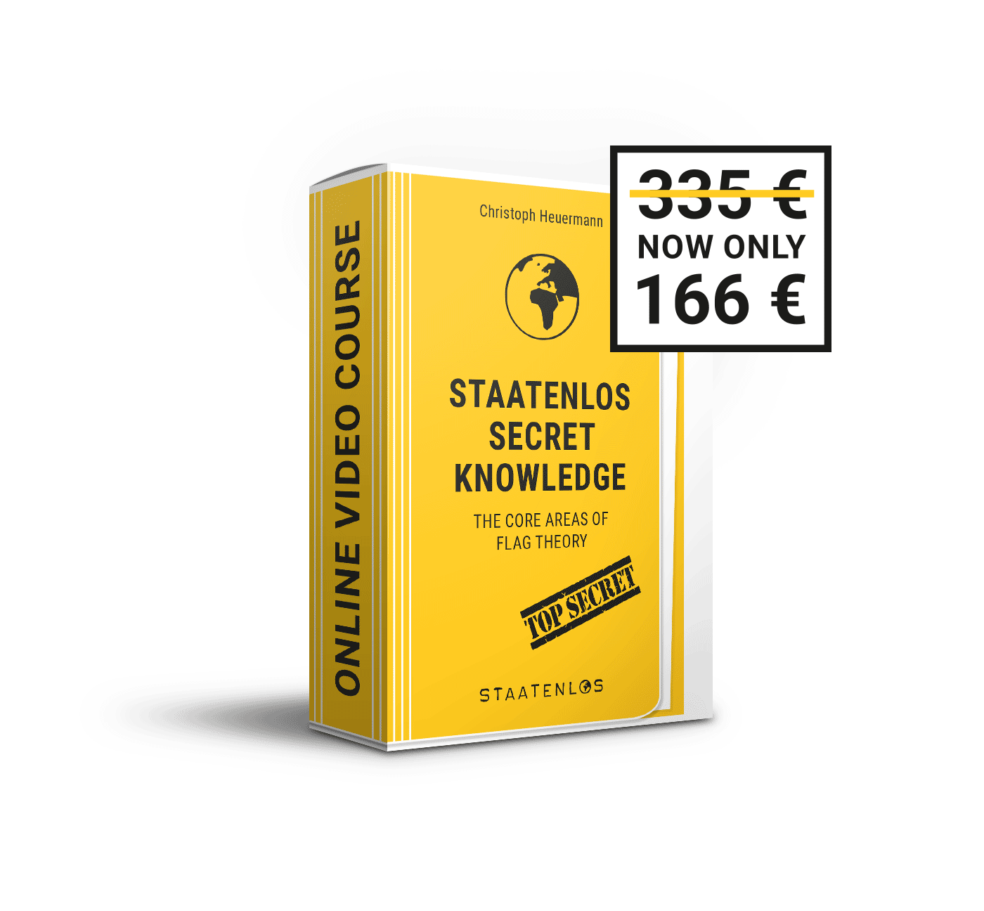 Staatenlos Secret Knowledge Videokurs mit Rabatt, gelbes Buch-Mockup, Preis 335€ durchgestrichen, 166€ statt dessen