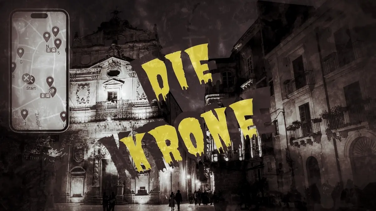 Hero-Bild Stadtrallye Syrakus mit gelben Texten DIE KRONE und AUFTRAG DES TYRANNEN über historischer Stadtkulisse
