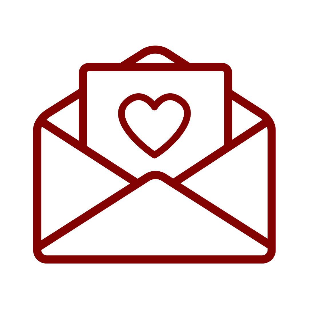Icon: Umschlag mit offenem Brief und Herz-Symbol, dunkles Rot