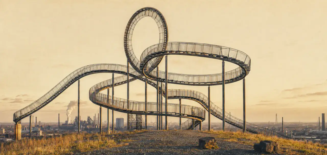 Tiger and Turtle Stahlskulptur auf Duisburger Halde mit Industriekulisse