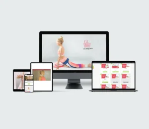 Hero-Bild Starker Beckenboden mit Pilates: Frau in Sportkleidung bei Pilates-Übung, Logo und Claim auf hellgrauem Hintergrund