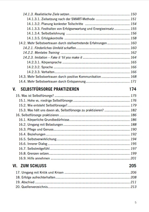Inhaltsverzeichnis Seite 3 mit Kapitelfortführung zu Selbstfürsorge und Abschluss