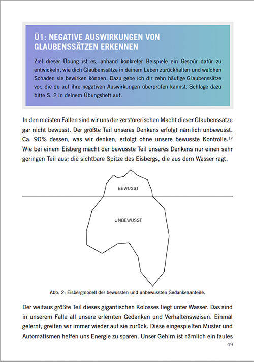 Buchseite 49 mit blauem Kasten, Überschrift zu negativen Auswirkungen von Glaubenssätzen und Eisbergmodell-Grafik